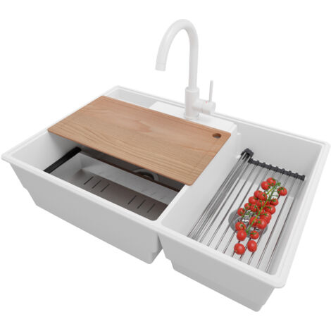 PRIMAGRAN Evier Cuisine en Granit 78x53cm,Lavabo 2 bacs + Robinet 32x20cm + Kit de Vidage + Accessoires, Évier à Encastrer au meuble 80cm - Paris, Blanc
