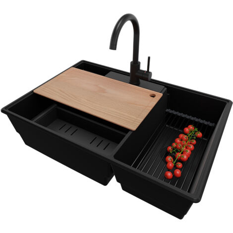 PRIMAGRAN Evier Cuisine en Granit 78x53cm,Lavabo 2 bacs + Robinet 32x20cm + Kit de Vidage + Accessoires, Évier à Encastrer au meuble 80cm - Paris, Tout Noir