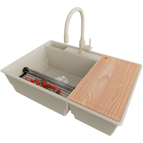 PRIMAGRAN Evier Cuisine en Granit 78x53cm,Lavabo 2 bacs + Robinet 38x14cm + Kit de Vidage + Accessoires, Évier à Encastrer au meuble 80cm - Paris, Beige