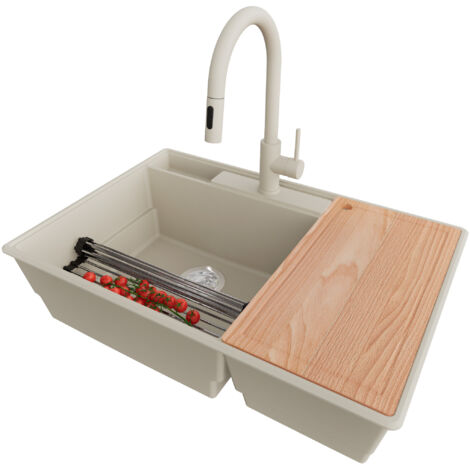 PRIMAGRAN Evier Cuisine en Granit 78x53cm,Lavabo 2 bacs + Robinet 40x20cm + Kit de Vidage + Accessoires, Évier à Encastrer au meuble 80cm - Paris, Beige