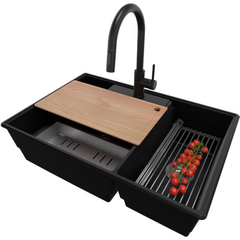 PRIMAGRAN Evier Cuisine en Granit 78x53cm,Lavabo 2 bacs + Robinet 40x20cm + Kit de Vidage + Accessoires, Évier à Encastrer au meuble 80cm - Paris, Noir
