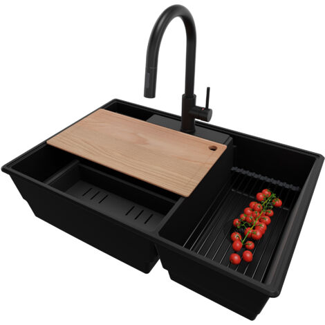 PRIMAGRAN Evier Cuisine en Granit 78x53cm,Lavabo 2 bacs + Robinet 40x20cm + Kit de Vidage + Accessoires, Évier à Encastrer au meuble 80cm - Paris, Tout Noir