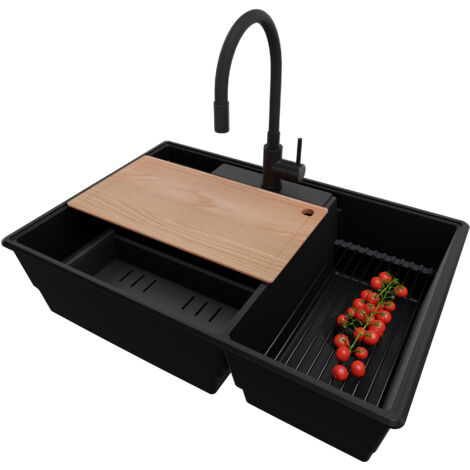 PRIMAGRAN Evier Cuisine en Granit 78x53cm,Lavabo 2 bacs + Robinet 40x38cm + Kit de Vidage + Accessoires, Évier à Encastrer au meuble 80cm - Paris, Tout Noir