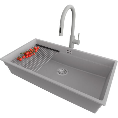 PRIMAGRAN Evier Cuisine en Granit 86x47cm, Lavabo 1 bac + Robinet 40x20cm + Kit de Vidage + Accessoire, Évier à Encastrer au meuble 90cm - Prague Slim, Gris