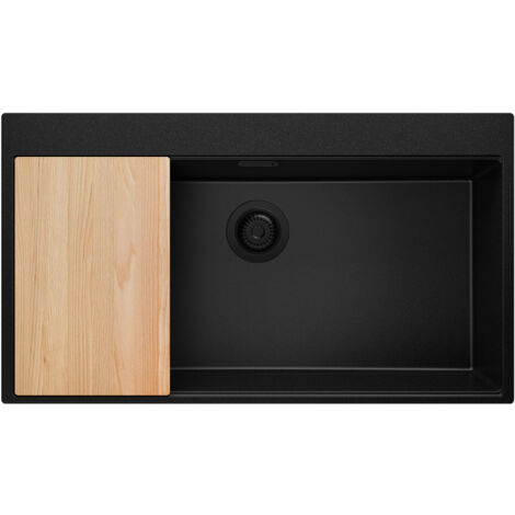PRIMAGRAN Evier Cuisine en Granit 88x50cm, Lavabo 1 bac + Kit de Vidage + Planche à Découper, Évier à Encastrer au meuble 90cm - Oslo, Tout Noir