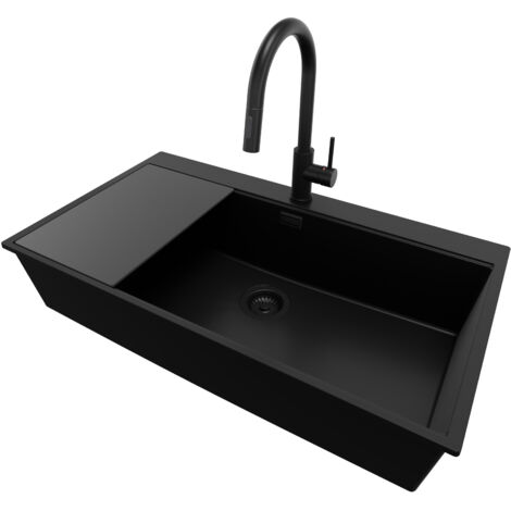 PRIMAGRAN Evier Cuisine en Granit 88x50cm, Lavabo 1 bac + Robinet 40x20cm + Kit de Vidage + Accessoire, Évier à Encastrer au meuble 90cm - Oslo, Tout Noir