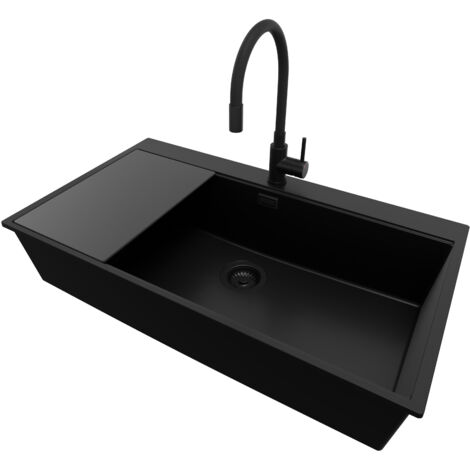 PRIMAGRAN Evier Cuisine en Granit 88x50cm, Lavabo 1 bac + Robinet 40x38cm + Kit de Vidage + Accessoire, Évier à Encastrer au meuble 90cm - Oslo, Tout Noir