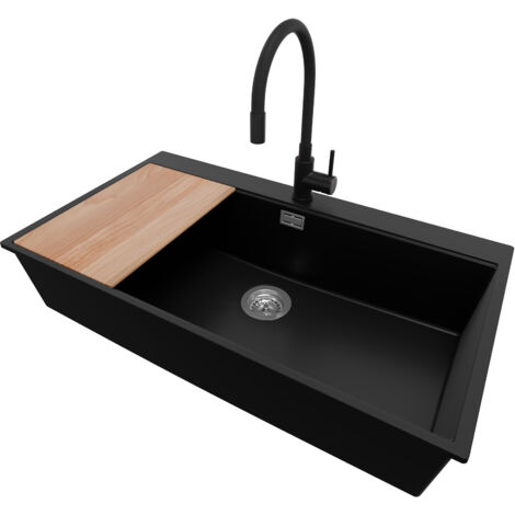 PRIMAGRAN Evier Cuisine en Granit 88x50cm, Lavabo 1 bac + Robinet 40x38cm + Kit de Vidage + Planche à Découper, Évier à Encastrer au meuble 90cm - Oslo, Noir