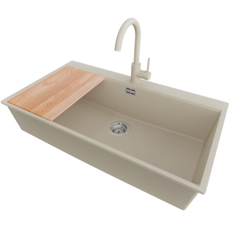PRIMAGRAN Evier Cuisine en Granit 88x50cm,Lavabo 1 bac + Robinet 32x20cm + Kit de Vidage + Planche à Découper, Évier à Encastrer au meuble 90cm - Oslo, Beige