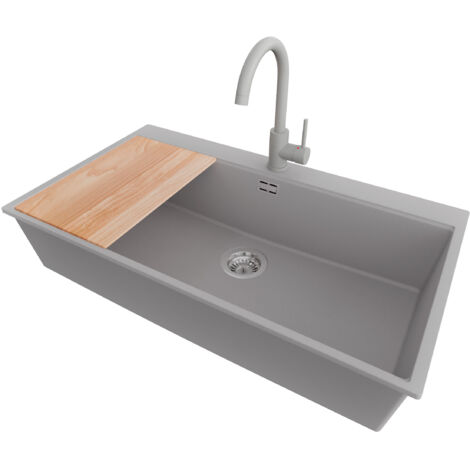 PRIMAGRAN Evier Cuisine en Granit 88x50cm,Lavabo 1 bac + Robinet 32x20cm + Kit de Vidage + Planche à Découper, Évier à Encastrer au meuble 90cm - Oslo, Gris