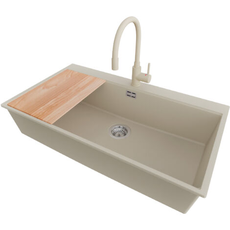 PRIMAGRAN Evier Cuisine en Granit 88x50cm,Lavabo 1 bac + Robinet 38x14cm + Kit de Vidage + Planche à Découper, Évier à Encastrer au meuble 90cm - Oslo, Beige