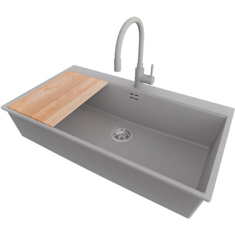 PRIMAGRAN Evier Cuisine en Granit 88x50cm,Lavabo 1 bac + Robinet 38x14cm + Kit de Vidage + Planche à Découper, Évier à Encastrer au meuble 90cm - Oslo, Gris
