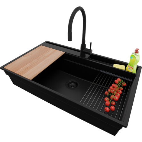 PRIMAGRAN Evier Cuisine en Granit 88x53cm, Lavabo 1 bac + Kit de Vidage + Accessoire, Évier à Encastrer au meuble 90cm - Oslo Pocket, Tout Noir