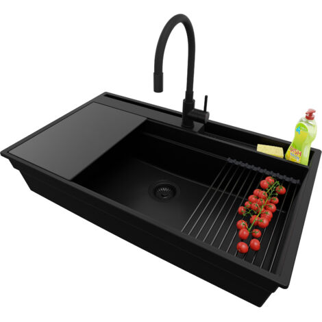 PRIMAGRAN Evier Cuisine en Granit 88x53cm, Lavabo 1 bac + Kit de Vidage + Accessoire, Évier à Encastrer au meuble 90cm - Oslo Pocket, Tout Noir