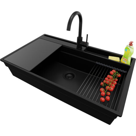 PRIMAGRAN Evier Cuisine en Granit 88x53cm, Lavabo 1 bac + Kit de Vidage + Accessoire, Évier à Encastrer au meuble 90cm - Oslo Pocket, Tout Noir