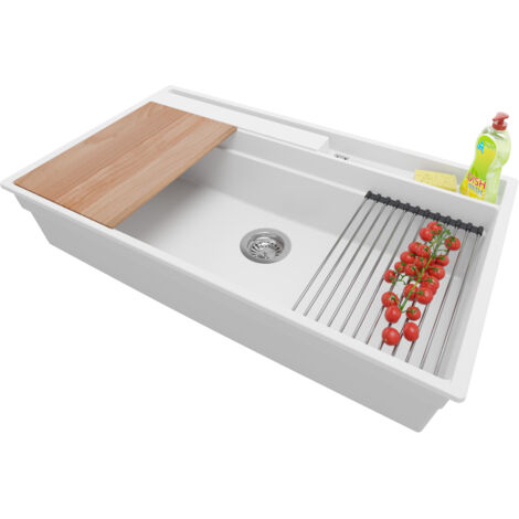 PRIMAGRAN Evier Cuisine en Granit 88x53cm, Lavabo 1 bac + Kit de Vidage + Accessoires, Évier à Encastrer au meuble 90cm - Oslo Pocket, Blanc