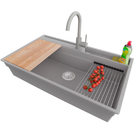 PRIMAGRAN Evier Cuisine en Granit 88x53cm,Lavabo 1 bac + Robinet 32x20cm + Kit de Vidage + Accessoires, Évier à Encastrer au meuble 90cm - Oslo Pocket, Gris