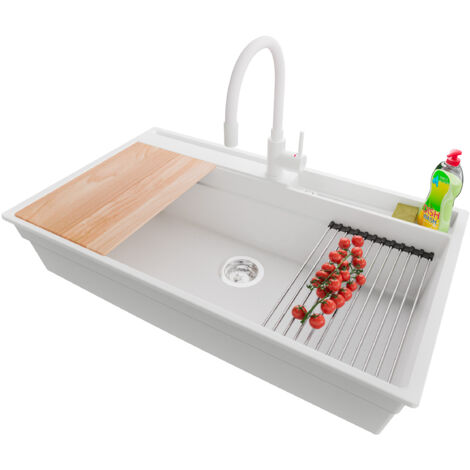 PRIMAGRAN Evier Cuisine en Granit 88x53cm,Lavabo 1 bac + Robinet 38x14cm + Kit de Vidage + Accessoires, Évier à Encastrer au meuble 90cm - Oslo Pocket, Blanc