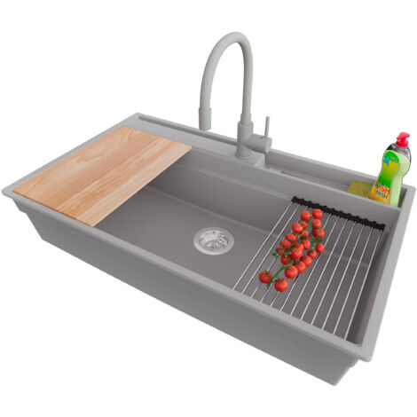 PRIMAGRAN Evier Cuisine en Granit 88x53cm,Lavabo 1 bac + Robinet 38x14cm + Kit de Vidage + Accessoires, Évier à Encastrer au meuble 90cm - Oslo Pocket, Gris