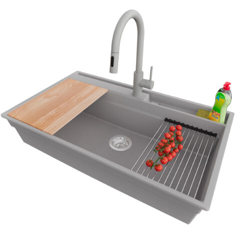 PRIMAGRAN Evier Cuisine en Granit 88x53cm,Lavabo 1 bac + Robinet 40x20cm + Kit de Vidage + Accessoires, Évier à Encastrer au meuble 90cm - Oslo Pocket, Gris