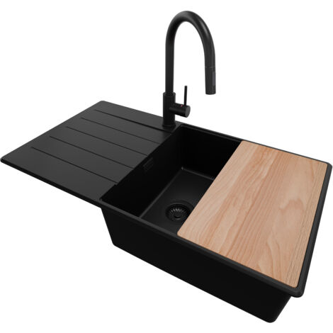 PRIMAGRAN Evier Cuisine en Granit 90x50cm, Lavabo 1 bac + Kit de Vidage + Accessoire, Évier à Encastrer au meuble 60cm - Copenhague, Tout Noir