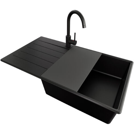 PRIMAGRAN Evier Cuisine en Granit 90x50cm, Lavabo 1 bac + Kit de Vidage + Accessoire, Évier à Encastrer au meuble 60cm - Copenhague, Tout Noir
