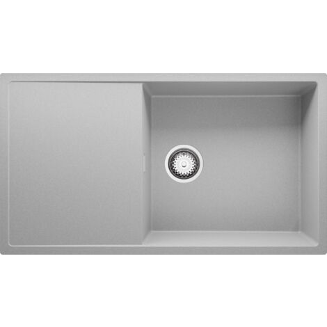 PRIMAGRAN Evier Cuisine en Granit 90x50cm, Lavabo 1 bac + Kit de Vidage, Évier à Encastrer au meuble 60cm - Ibiza, Gris