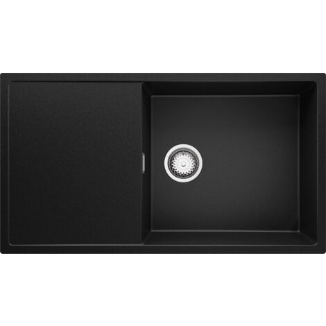PRIMAGRAN Evier Cuisine en Granit 90x50cm, Lavabo 1 bac + Kit de Vidage, Évier à Encastrer au meuble 60cm - Ibiza, Noir