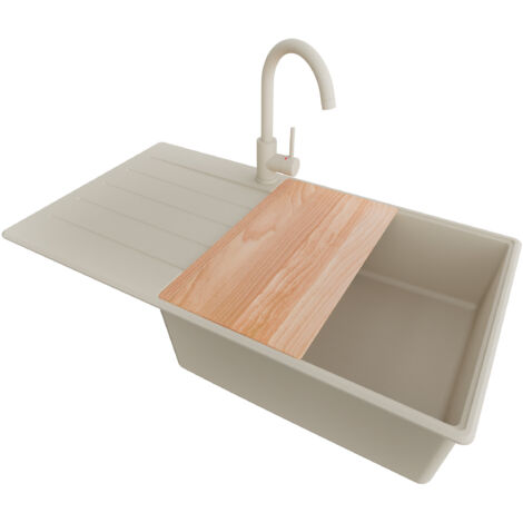 PRIMAGRAN Evier Cuisine en Granit 90x50cm, Lavabo 1 bac + Robinet 32x20cm + Kit de Vidage + Accessoire, Évier à Encastrer au meuble 60cm - Copenhague, Beige