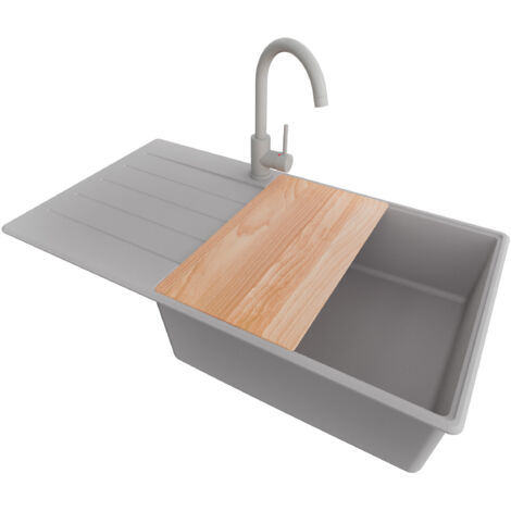 PRIMAGRAN Evier Cuisine en Granit 90x50cm, Lavabo 1 bac + Robinet 32x20cm + Kit de Vidage + Accessoire, Évier à Encastrer au meuble 60cm - Copenhague, Gris