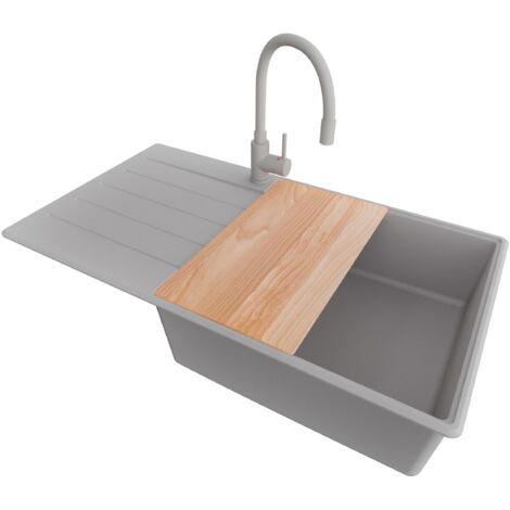 PRIMAGRAN Evier Cuisine en Granit 90x50cm, Lavabo 1 bac + Robinet 38x14cm + Kit de Vidage + Accessoire, Évier à Encastrer au meuble 60cm - Copenhague, Gris