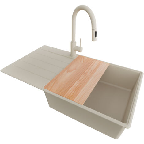 PRIMAGRAN Evier Cuisine en Granit 90x50cm, Lavabo 1 bac + Robinet 40x20cm + Kit de Vidage + Accessoire, Évier à Encastrer au meuble 60cm - Copenhague, Beige
