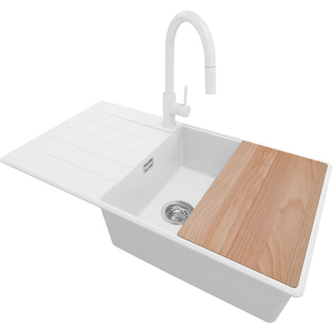 PRIMAGRAN Evier Cuisine en Granit 90x50cm, Lavabo 1 bac + Robinet 40x20cm + Kit de Vidage + Accessoire, Évier à Encastrer au meuble 60cm - Copenhague, Blanc