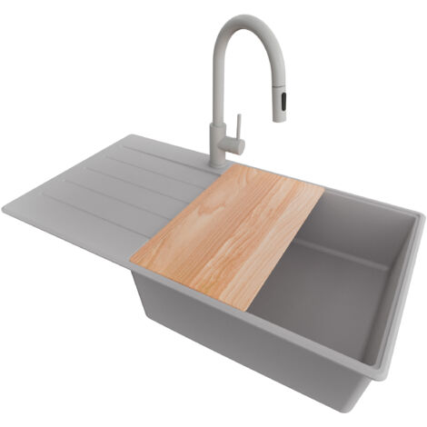 PRIMAGRAN Evier Cuisine en Granit 90x50cm, Lavabo 1 bac + Robinet 40x20cm + Kit de Vidage + Accessoire, Évier à Encastrer au meuble 60cm - Copenhague, Gris