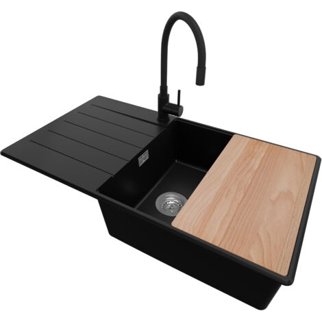 PRIMAGRAN Evier Cuisine en Granit 90x50cm, Lavabo 1 bac + Robinet 40x38cm + Kit de Vidage + Accessoire, Évier à Encastrer au meuble 60cm - Copenhague, Noir