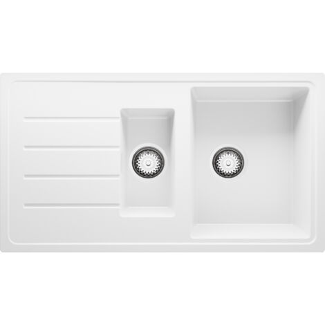 PRIMAGRAN Evier Cuisine en Granit 90x50cm, Lavabo 1,5 bacs + Kit de Vidage, Évier à Encastrer au meuble 60cm - Copenhague Duo, Blanc