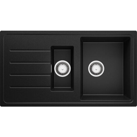 PRIMAGRAN Evier Cuisine en Granit 90x50cm, Lavabo 1,5 bacs + Kit de Vidage, Évier à Encastrer au meuble 60cm - Copenhague Duo, Noir
