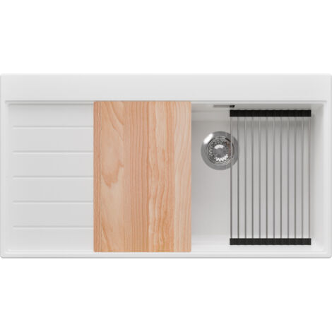 PRIMAGRAN Evier Cuisine en Granit 90x50cm,Lavabo 1 bac + Kit de Vidage + Accessoires, Évier à Encastrer au meuble 60cm - Sydney, Blanc