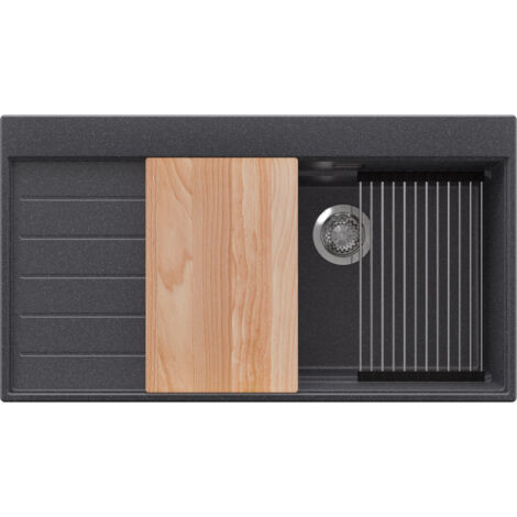 PRIMAGRAN Evier Cuisine en Granit 90x50cm,Lavabo 1 bac + Kit de Vidage + Accessoires, Évier à Encastrer au meuble 60cm - Sydney, Graphite