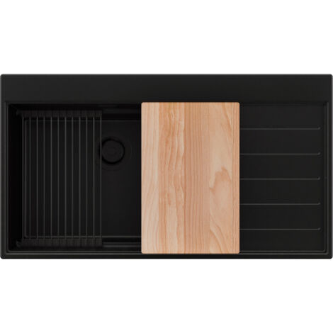 PRIMAGRAN Evier Cuisine en Granit 90x50cm,Lavabo 1 bac + Kit de Vidage + Accessoires, Évier à Encastrer au meuble 60cm - Sydney, Tout Noir