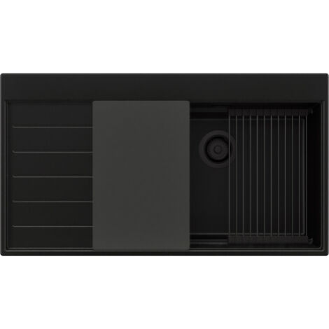 PRIMAGRAN Evier Cuisine en Granit 90x50cm,Lavabo 1 bac + Kit de Vidage + Accessoires, Évier à Encastrer au meuble 60cm - Sydney, Tout Noir