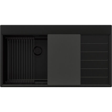 PRIMAGRAN Evier Cuisine en Granit 90x50cm,Lavabo 1 bac + Kit de Vidage + Accessoires, Évier à Encastrer au meuble 60cm - Sydney, Tout Noir