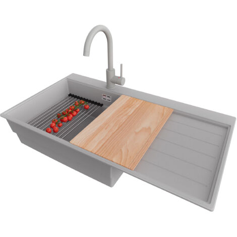 PRIMAGRAN Evier Cuisine en Granit 90x50cm,Lavabo 1 bac + Robinet 32x20cm + Kit de Vidage + Accessoires, Évier à Encastrer au meuble 60cm - Sydney, Gris