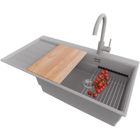 PRIMAGRAN Evier Cuisine en Granit 90x50cm,Lavabo 1 bac + Robinet 32x20cm + Kit de Vidage + Accessoires, Évier à Encastrer au meuble 60cm - Sydney, Gris