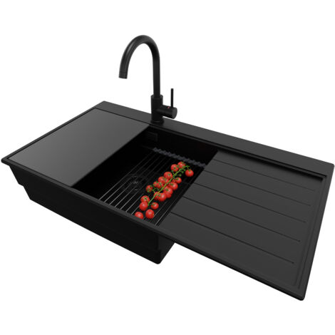 PRIMAGRAN Evier Cuisine en Granit 90x50cm,Lavabo 1 bac + Robinet 32x20cm + Kit de Vidage + Accessoires, Évier à Encastrer au meuble 60cm - Sydney, Tout Noir
