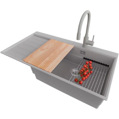 PRIMAGRAN Evier Cuisine en Granit 90x50cm,Lavabo 1 bac + Robinet 38x14cm + Kit de Vidage + Accessoires, Évier à Encastrer au meuble 60cm - Sydney, Gris