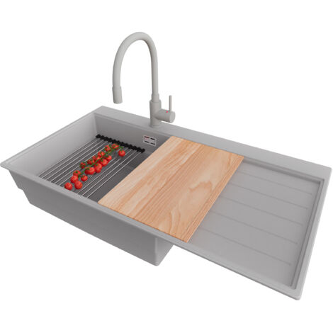 PRIMAGRAN Evier Cuisine en Granit 90x50cm,Lavabo 1 bac + Robinet 38x14cm + Kit de Vidage + Accessoires, Évier à Encastrer au meuble 60cm - Sydney, Gris