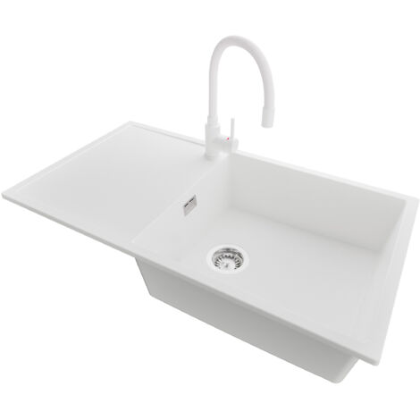 PRIMAGRAN Evier Cuisine en Granit 90x50cm,Lavabo 1 bac + Robinet 38x14cm + Kit de Vidage, Évier à Encastrer au meuble 60cm - Ibiza, Blanc