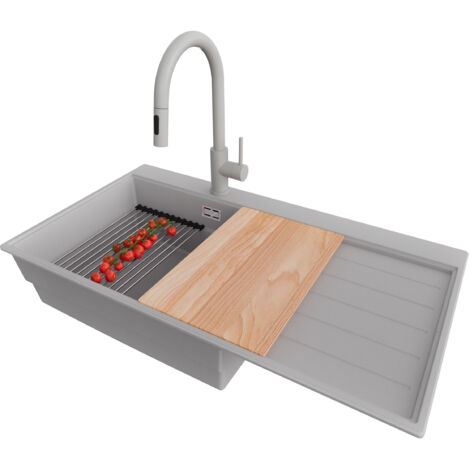 PRIMAGRAN Evier Cuisine en Granit 90x50cm,Lavabo 1 bac + Robinet 40x20cm + Kit de Vidage + Accessoires, Évier à Encastrer au meuble 60cm - Sydney, Gris