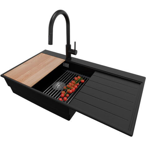 PRIMAGRAN Evier Cuisine en Granit 90x50cm,Lavabo 1 bac + Robinet 40x20cm + Kit de Vidage + Accessoires, Évier à Encastrer au meuble 60cm - Sydney, Noir